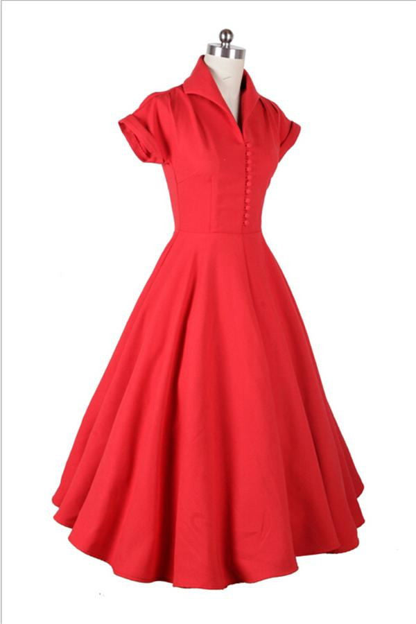 Modest Red High Neck Vintage Dress With Short Sleeves V13