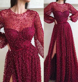 Cheap A Line Burgundy Long Sleeve Vintage Split Prom Dresses OKE95