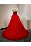 Chic Sweetheart A Line Zipper Back Red Ruffles Cheap Long Prom Dresses OKG22