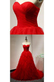 Chic Sweetheart A Line Zipper Back Red Ruffles Cheap Long Prom Dress OKG22