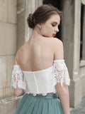 A-line White Lace Off Shoulder Two Pieces Homecoming Dresses,Elegant Tulle Short Prom Dress OK392