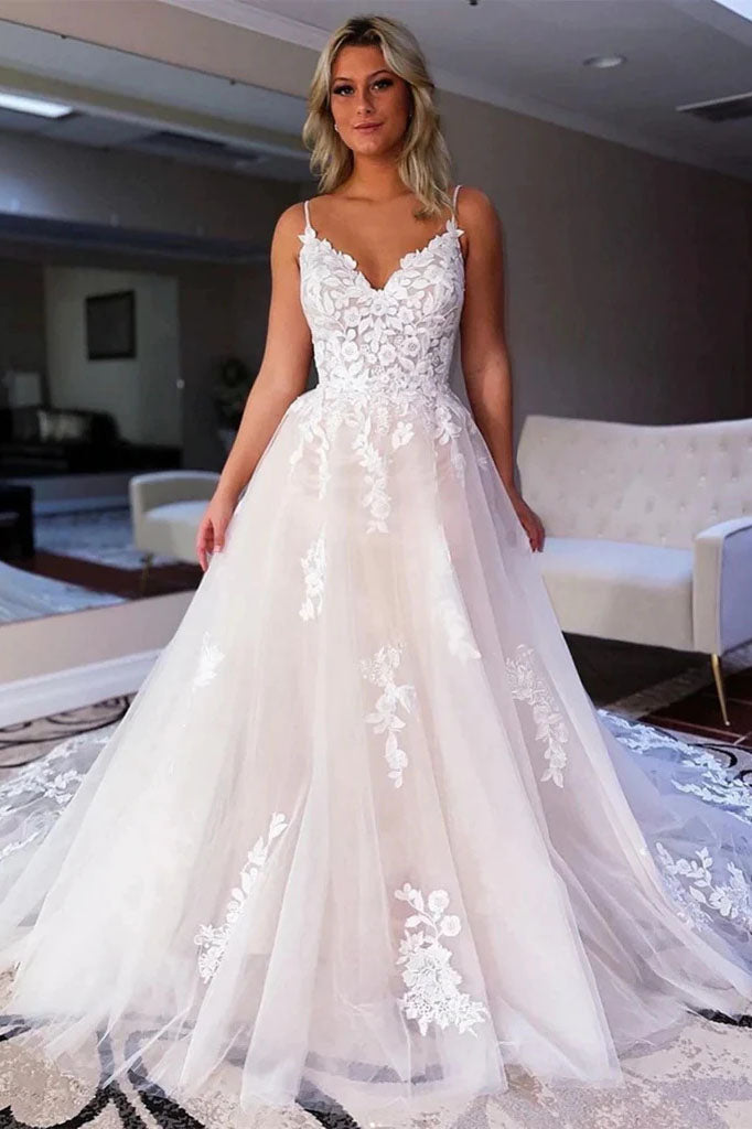 V Neck Backless Ivory Lace Appliques Tulle Long Wedding Dresses Bridal Dress OK1699