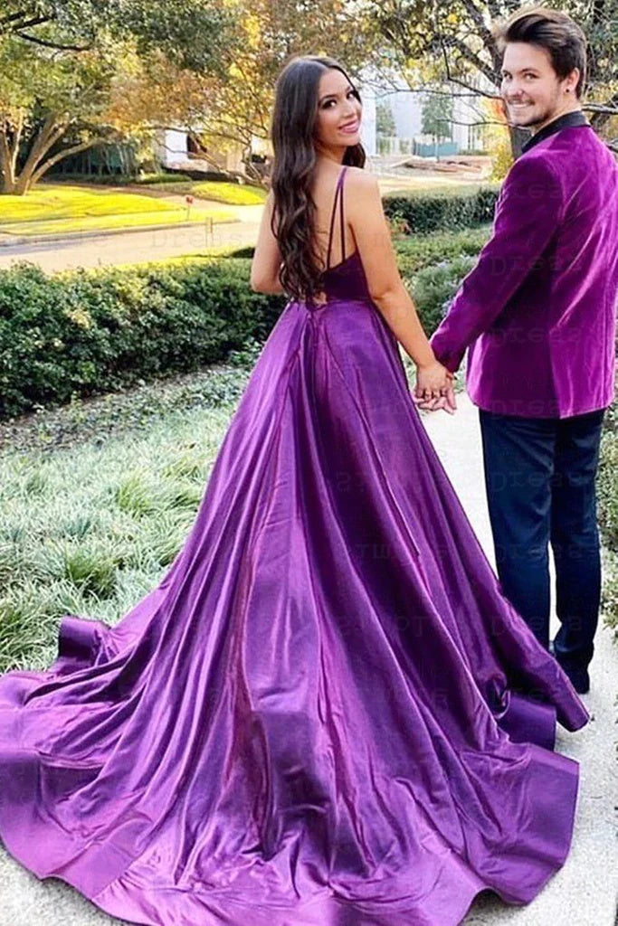 V Neck Backless Purple AQ Line Satin Long Prom Dress with High Slit OK1966