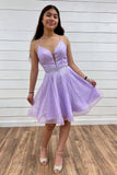 V Neck A Line Purple Tulle Prom Dresses with Belt, Backless Short Homecoming Dresses OK1745