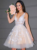 V Neck A Line Lace Appliques Tulle Prom Dresses Short Homecoming Dresses OK1459