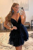 V Neck Dark Blue Short Tulle Prom Dress A-line Tired Formal Homecoming Dress OK1653