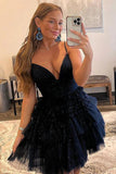 V Neck Dark Blue Short Tulle Prom Dress A-line Tired Formal Homecoming Dress OK1653