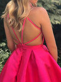 V Neck Hot Pink Short Prom Dresses A Line Satin V Neck Homecoming Dresses OK1462