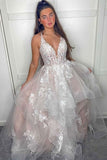 V Neck A Line Lace Appliques Long Prom Dress Formal Party Dress Evening Dress OK1274