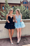 V Neck Short Blue Prom Dress A-line Tulle Formal Homecoming Dress OK1657