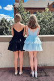 V Neck Short Blue Prom Dress A-line Tulle Formal Homecoming Dress OK1657