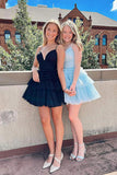 V Neck Short Blue Prom Dress A-line Tulle Formal Homecoming Dress OK1657