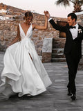 V Neck and V Back White Satin Long Bridal Dresses with High Slit, Open Back White Wedding Dresses OK1762