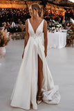 V Neck and V Back White Satin Long Bridal Dresses with High Slit, Open Back White Wedding Dresses OK1762