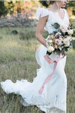 V Neck Backless Sheath White Wedding Dress Long Simple Bridal Dresses OKN96