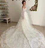 Lace Floral Puffy Sleeve Wedding Dress Sweetheart Long Train Bridal Gown Corset Back OKV20