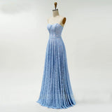 Blue Long Evening Dress Lace Bodice Formal Dress Sweetheart Neck A-line Prom Dress OKW45