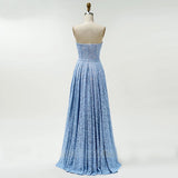 Blue Long Evening Dress Lace Bodice Formal Dress Sweetheart Neck A-line Prom Dress OKW45