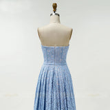 Blue Long Evening Dress Lace Bodice Formal Dress Sweetheart Neck A-line Prom Dress OKW45