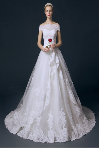 Boat Neck Long Ball Gown Big Wedding Dresses With Flowers W11