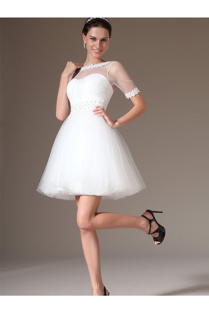 Elegant White Short Sleeves Lace Beading Beach Wedding Dress W7