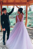 A Line V Neck Sexy Long Lilac Prom Dress Tulle Formal Dress OKS20