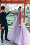 A Line V Neck Sexy Long Lilac Prom Dress Tulle Formal Dress OKS20