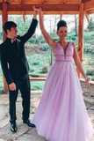 A Line V Neck Sexy Long Lilac Prom Dress Tulle Formal Dress OKS20