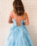 New Formal A-line Spaghetti Straps Lace Appliqued Long Blue Prom Dress OKT5