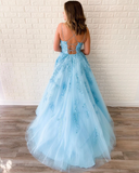 New Formal A-line Spaghetti Straps Lace Appliqued Long Blue Prom Dress OKT5