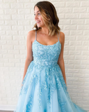 New Formal A-line Spaghetti Straps Lace Appliqued Long Blue Prom Dress OKT5