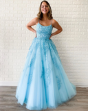 New Formal A-line Spaghetti Straps Lace Appliqued Long Blue Prom Dress OKT5