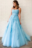 New Formal A-line Spaghetti Straps Lace Appliqued Long Blue Prom Dress OKT5