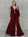 A-line Burgundy Long Prom Dress Long Sleeve Simple Cheap Evening Dress OKR56