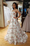 A Line Floral Long Prom Dress Strapless Beautiful Flower Printed Prom Dress OKR43