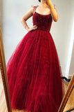 Burgundy Spaghetti Straps Beaded Long Prom Dress A-line Formal Evening Gowns OKS73