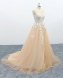 A Line Tulle Lace Appliqued Sweep Train Evening Dress Senior School Dress OKS1