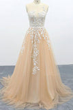 A Line Tulle Lace Appliqued Sweep Train Evening Dress Senior School Dress OKS1