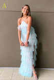 Fashion Halter Ruffles Tulle Prom Dress with Slit Chiffon Long Party Dress OK1382