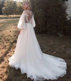 A-line Long Sleeve Lace Appliques Tulle Sheer Neck Wedding Dress OKV24