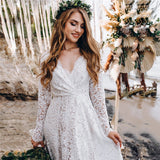 A-line Lace Long Sleeves Wedding Dress Long Pregnant Women Maxi Gown OKV30