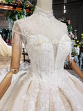 Off White High Neck Ball Gown Wedding Dress, Open Back Beaded Wedding Gown OKJ96