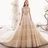 Princess High Neck Ball Gown Wedding Dress, Short Sleeves Bridal Dress OKK1