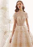 Princess High Neck Ball Gown Wedding Dress, Short Sleeves Bridal Dress OKK1