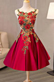 Pretty Short Satin A-line Lace Up Homecoming Dress With Embroidered Appliques K092