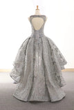 Silver Gray High Low Lac Beading Open Back Prom Dress Homecoming Dress OK17