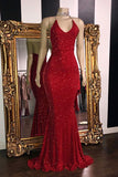 Glitter Sheath Mermaid Backless Halter Beading Long Party Prom Dress OKD9