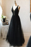 V-neck Black Floor Length Long Prom Dress Modest Party Gowns OK99