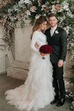 Sweety Tulle Long Sleeve Wedding Dress Court Train A-line Bridal Dress Cascading Ruffles Wedding Gowns OKW17