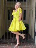 A Line Yellow Satin Short Prom Dresses with Pocket, Short Yellow Homecoming Dresses OK1708